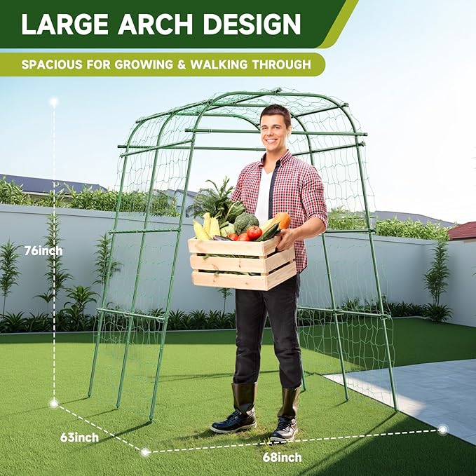 HIRALIY Garden Arch Trellis for Climbing Plants, 6.3ft Tall Heavy Duty Metal Cucumber Trellis, Rustproof Plant Support Tunnel for Tomato, Grape, Bean, Raised Bed and Vegetable Gardens, Green