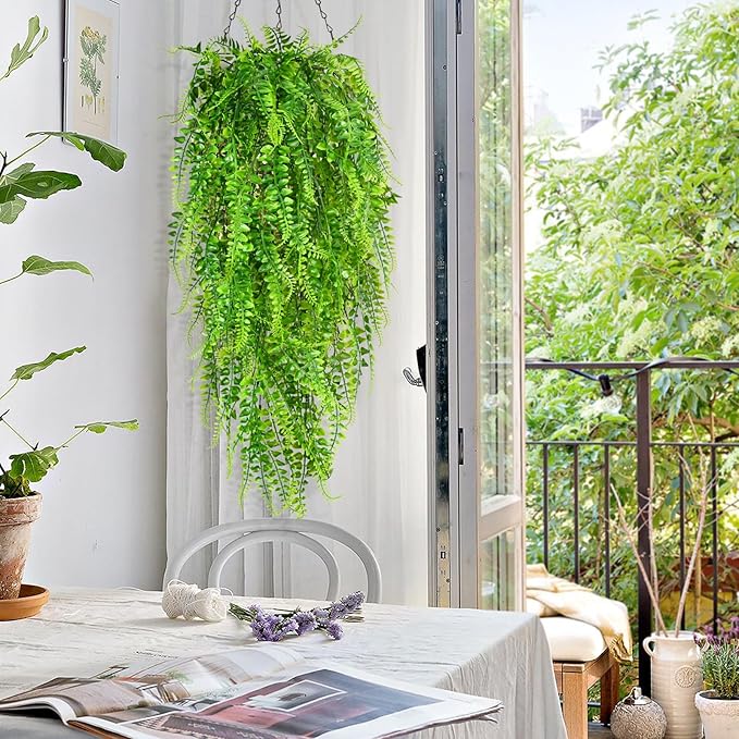 Waipfaru 8Pcs Fake Ferns Fake Hanging Plants Artificial Ferns for Outdoors，UV Resistant Plastic Fake Plants for Indoor Wall Porch Wedding Party Holiday Decor
