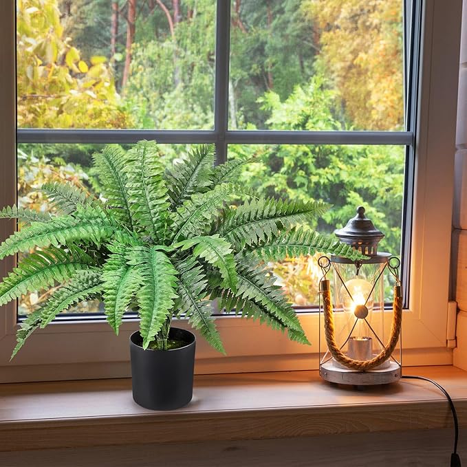 Fake Ferns Potted Plant, Artificial Boston Ferns in Pot, 24 Leaves for Outdoors & Indoor Faux Boston Bush Plant Artificial Greenery Patio Garden Farmhouse Windowsill Porch Home Decor