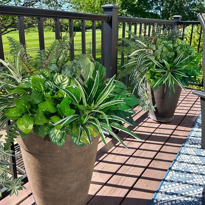 Artificial Plants Faux Greenery for Outdoor Porch Planter, UV Resistant Fake Realistic Large Shrubs Bushes Plastic Green Filler for Spring Outside Front Door Patio Decoration, 8 Bundles