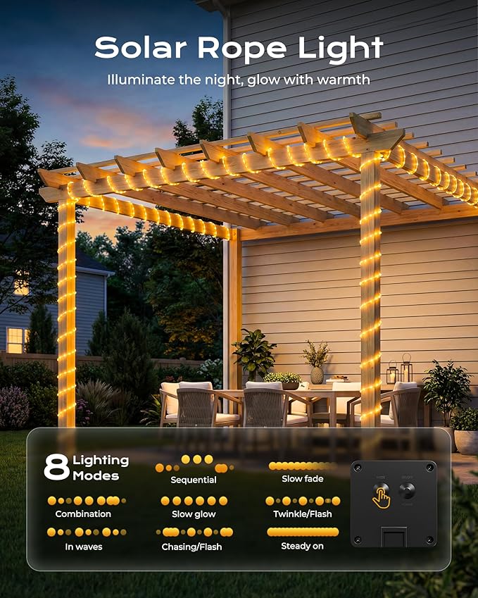 Brightown Solar Rope Lights, 2 Pack Total 78FT 200LED Warm White Solar String Lights Outdoor, IP65 Waterproof Solar Powered Fairy Lights with 8 Lighting Modes for Yard Garden Patio Tree Decoration
