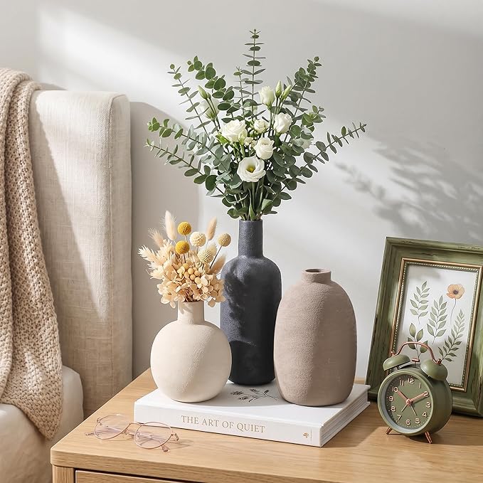 Ceramic Vase Set, Rustic Distressed Large Flower Vases in Pottery Decor, Modern Boho Farmhouse Decor for Pampa Grass, Dried & Fresh Flowers, Decorative Vase for Living Room, Kitchen, Entryway, Black