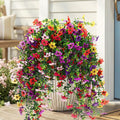 CEWOR 4pcs Artificial Hanging Flowers Plants for Outdoor, Fake Flowers Faux Silk Daisy with Eucalyptus, UV Resistant Realistic Faux Flower for Outside Indoor Home Porch Patio Decor, Multicolor