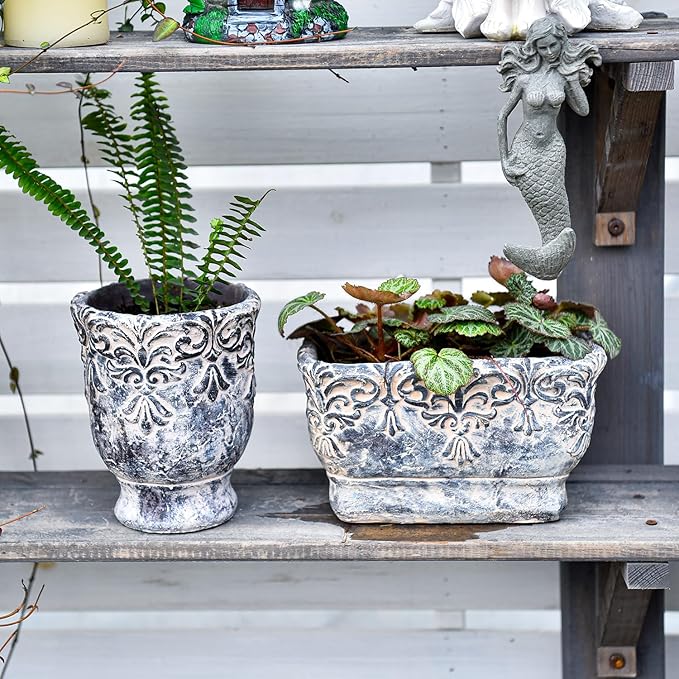 Sungmor 9.2 Inch Cement Plant Pot for Plants, Succulent Planter with Embossed Design, Vintage Concrete Flowerpots with Drainage Hole, Decorative Orchid Houseplant Pot Indoor Outdoor Plant Container