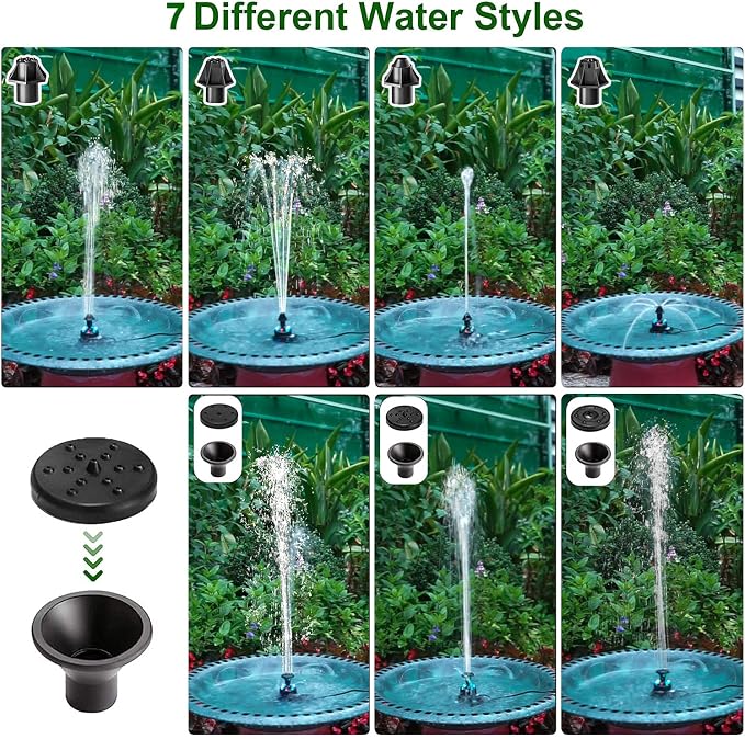 Jutai 24-Hours Working Bird Bath Fountains Electric, Adjustable Quiet Water Fountain Pump with LED Lights for Garden,Small Fish Tank, Pond,Water Features - 7 Nozzles,16.4Ft Power Cord
