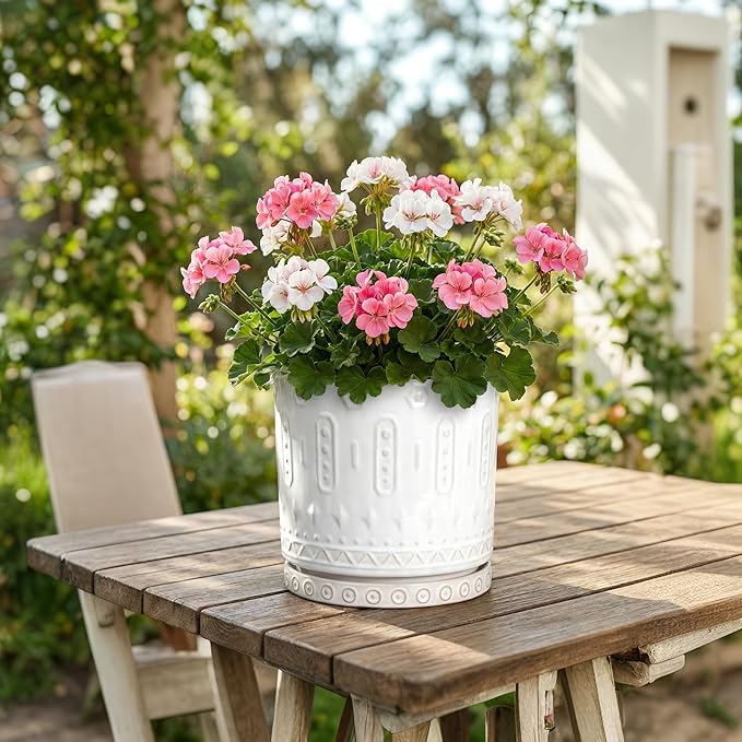 8 Inch Plant Pot, Ceramic Planter for Indoor Plants Outdoor, Round Planter with Drainage Hole and Tray, Boho Flower Pot, Decorative Pots for Plants, Home Decor, Plant Lover Gifts, White