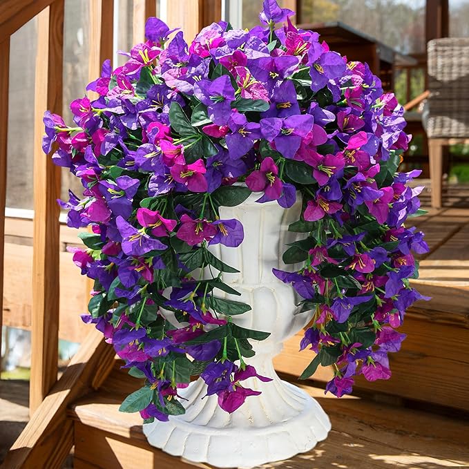 HyeFlora Bougainvillea Artificial Hanging Flowers Plants for Outdoors Decoration, 2pcs Fake Flowers Silk Bougainvillea Vines Realistic UV Resistant Faux Flowers for Outdoor Planters Porch Patio, Mix