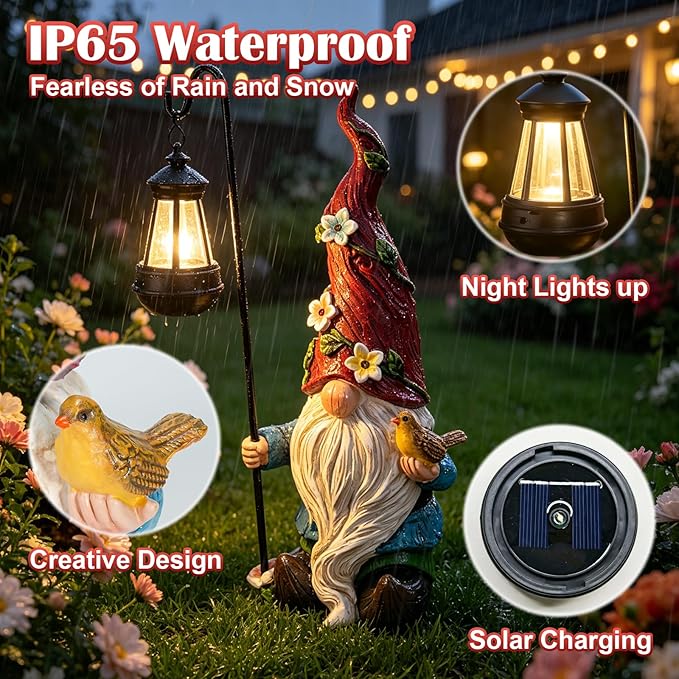 Pohabery 19.3" Large Garden Gnomes Outdoor Statue with Solar Lights, Funny Tall Gnome Garden Decor for Outside Patio Yard Decorations, Unique Gnomes Gifts for Women Mom Grandma
