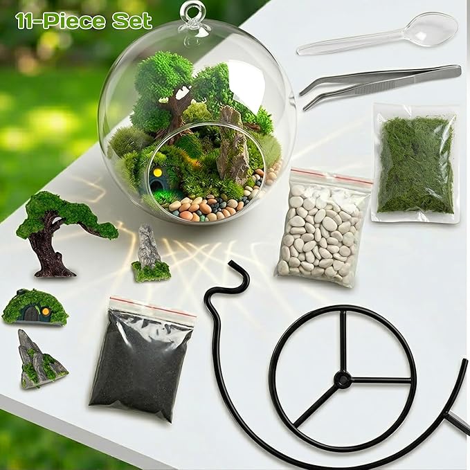 DIY Glass Globe Terrarium-Style Decor Kit, 11-Piece Mini Micro Landscape Ornament Set for Desk, Home & Office- Thoughtful Indoor Gift for Home & Office Decor
