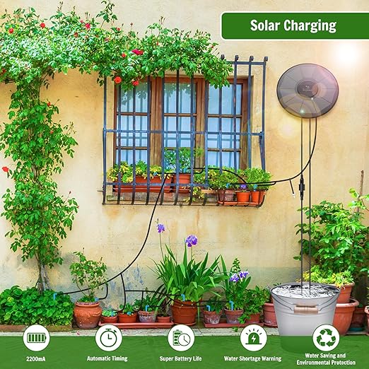Solar Irrigation System Automatic Drip Irrigation Kit for Outdoor/Indoor Garden Watering System with Water Level Detection,Drip Irrigation System for 15 Potted Plant with 15m Water Hose
