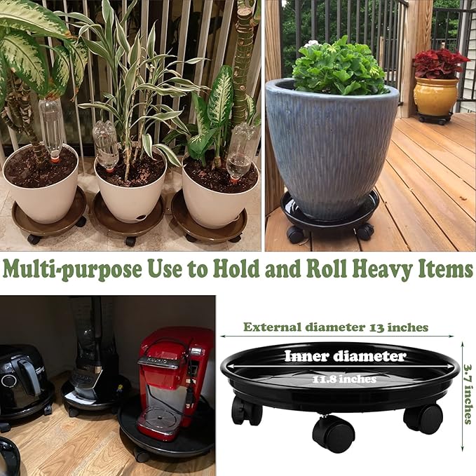 12 Packs Plant Caddy with Wheels 11.8" Plastic Rolling Plant Dolly Coasters Heavy-duty Wheeled Planter Mover Rollers Indoor Outdoor Wheeled Flower Pot Base Suacers with Casters, Black