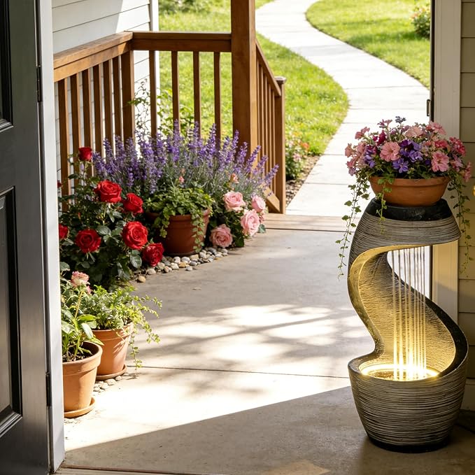 37" S-Shaped Outdoor Water Fountain with LED Lights, Modern Resin Cascading Waterfall Feature for Garden, Patio, Backyard or Porch, Large Decorative Zen Water Feature – 21" L x 21" W x 37.9" H