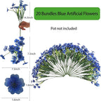 20 Bundles Artificial Flowers for Outdoors,UV Resistant Fake Flowers with Plastic Plants,Silk Faux Fowers for Outdoor Planters,Fake Realistic Flowers Window Box Front Porch Hanging Basket Decor-Blue