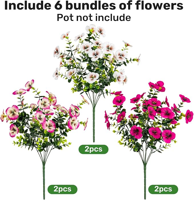 17 Inch Artificial Faux Pansy Flowers for Outdoor,Fake Pansies Flowers with Eucalyptus Leaves Fake Plants Greenery Boxwood Porch Patio Decor 6 Bundles(White,Rose White,Rose Red)