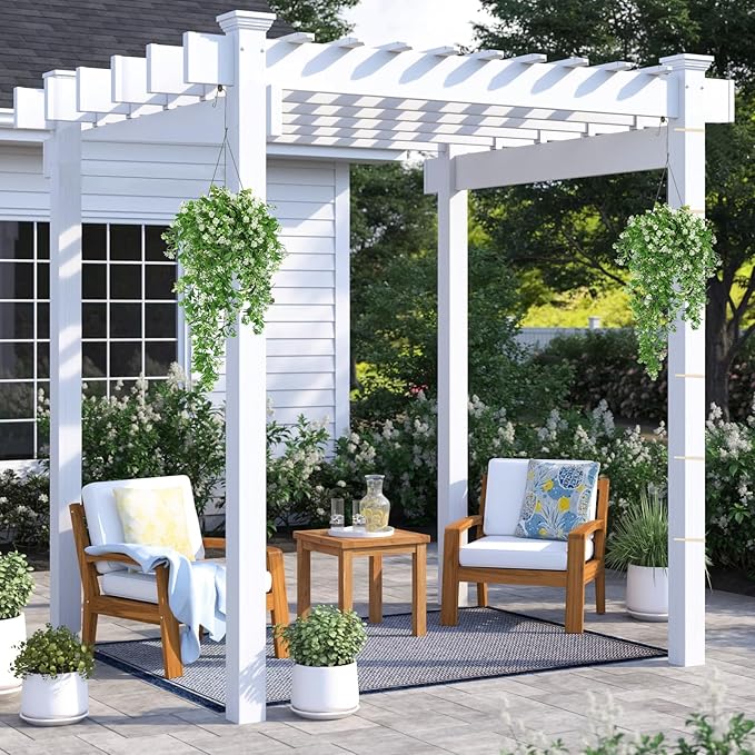 RECUTMS 2Pcs Artificial Hanging Flowers for Outdoor Decoration Fake Hanging Plants Faux White Flowers Artificial UV Resistant Plastic Greenery Vines Ivy for Outdoor Indoor Garden Party Decor（White）