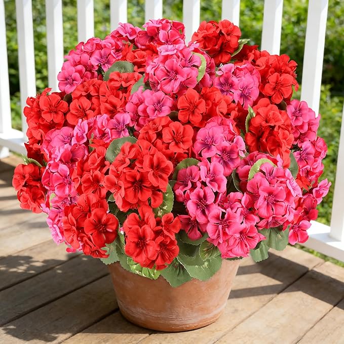 AGIRL 6 Bundles Artificial Geranium Flowers for Outdoors Spring Decor Geraniums Silk Flowers UV Resistant Lifelike Faux Flowers for Outdoor Garden Patio Porch Balcony Home Decor(Red 3,Rose Red 3)