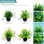 4 Pack Mini Artificial Plants Fake Potted Plants for Home Office Bathroom Shelf Desk Decor, Small Faux Greenery with Black Pots, Assorted Faux Grass & Leaf Plants for Indoor Aesthetic Decoration