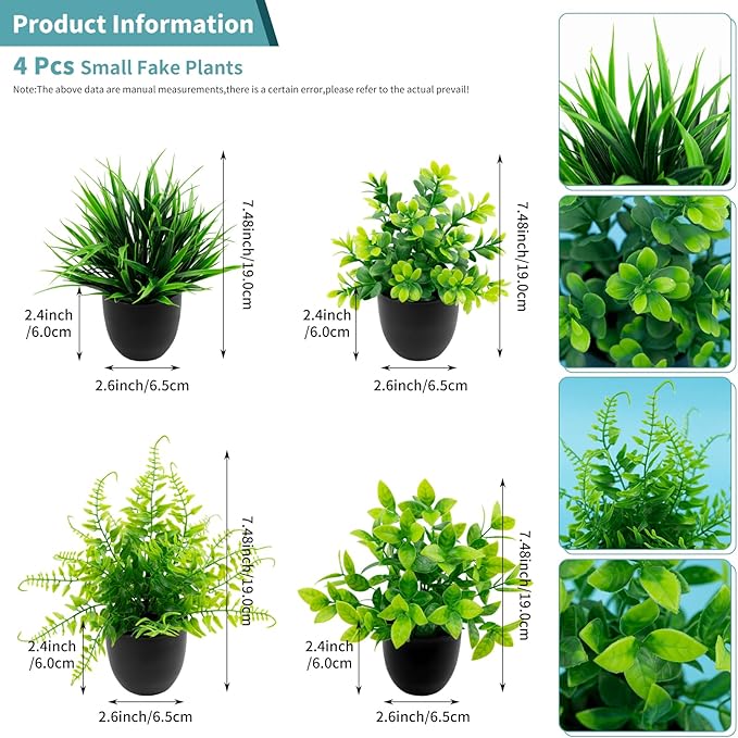 4 Pack Mini Artificial Plants Fake Potted Plants for Home Office Bathroom Shelf Desk Decor, Small Faux Greenery with Black Pots, Assorted Faux Grass & Leaf Plants for Indoor Aesthetic Decoration