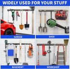 Garage Tool Organizer Wall Mount, 48 Inch Heavy Duty Garden Tool Organizer Storage System, Easy Install with 6 Adjustable Straight Hooks, for Garage, Basement, Shed, Workshop, Black, Steel