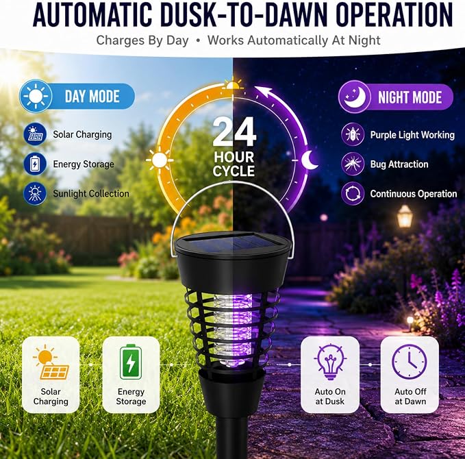 4 Pack Solar Bug Zapper Outdoor Waterproof Solar Powered Mosquito Zapper Repellent Outdoor Patio,Cordless & Auto On/Off Trap Light with Hook for Small Fly Zappers for Garden Backyard Gnat for Outside