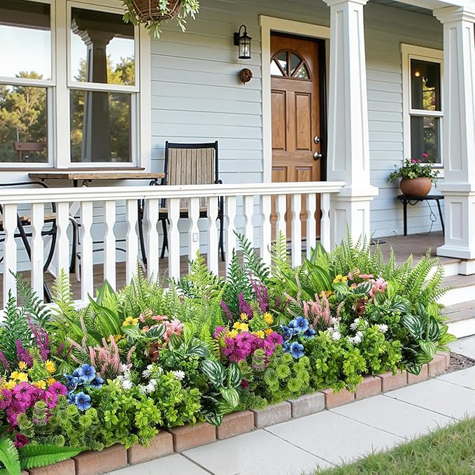 Alupssuc 24Pcs Artificial Flowers and Plants,UV Resistant & No Fade Fake Plastic Greenery Shrubs for Home Garden, Pathway, Front Porch-Spring Summer Decor, Indoor/Outdoor Use,Pink Purple Yellow Blue