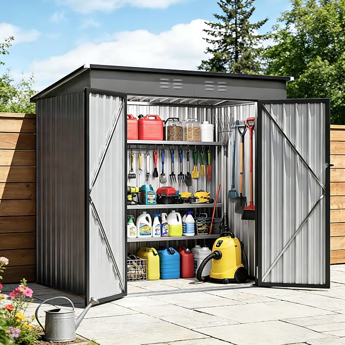 6 x 4 FT Storage Shed, Metal Sheds & Outdoor Storage with Sloping Roof and Lockable Door, Outdoor Shed for Backyard Garden Patio and Lawn,Grey