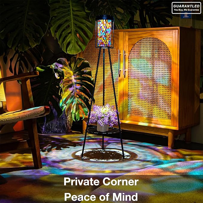 Outdoor Lamps for Patio, Outdoor Floor Lamp with Plant Stand, Solar Powered RGB Lights, Waterproof Standing Lamp for Garden Yard Décor, Stained Glass Decorative Floor Lamp, Gift for Women Mom