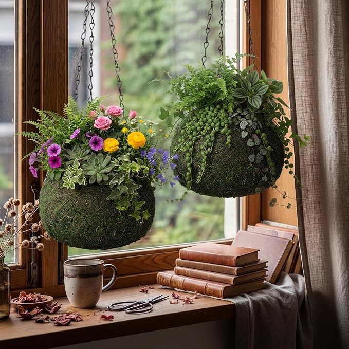 2 Pack 6 Inch Kokedama Moss Ball Planter Orchid Pots Hanging Orchid Planter Basket Moss Ball Hanging Baskets for Plants Outdoor Woven Plant Holder for Indoor Home Garden Balcony Decor