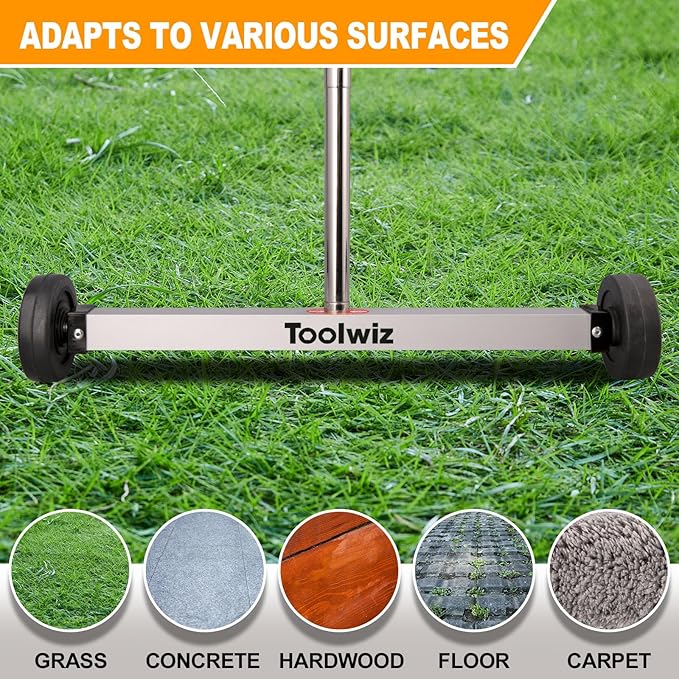 Toolwiz Magnetic Pick Up Sweeper 15-inch Heavy Duty Magnet Pickup Lawn Sweeper Roofing Tools, 10 Lbs Yard Tools with Telescoping Holder and Wheels to Clean Nails Adjustable Handle for Construction