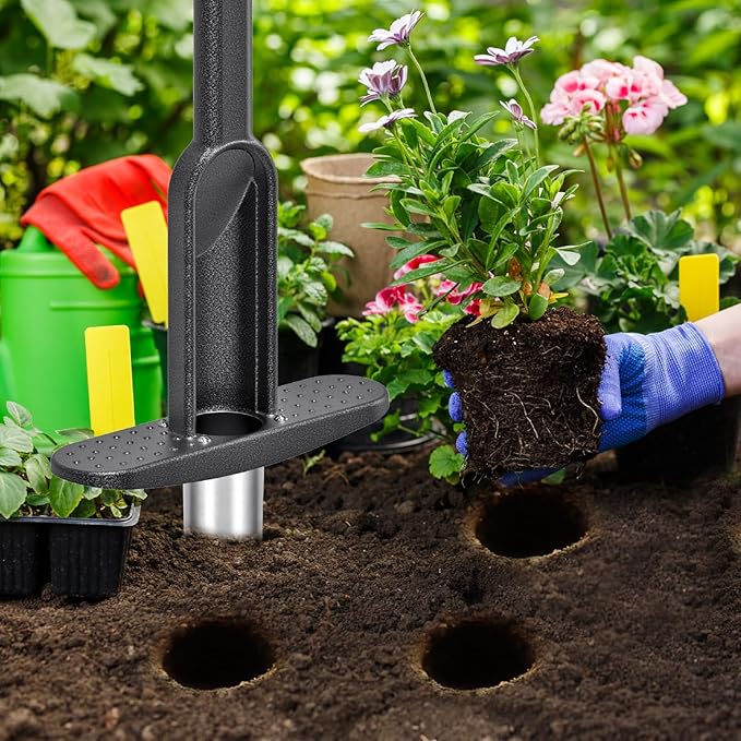 Bulb Planter Tool Long Handle with Stainless Steel Sharp Serrations, Sod Plugger for Lawn & Garden, Grass Plugger Tool with Soft Rubber Grip for Digging Holes Plant Bulb