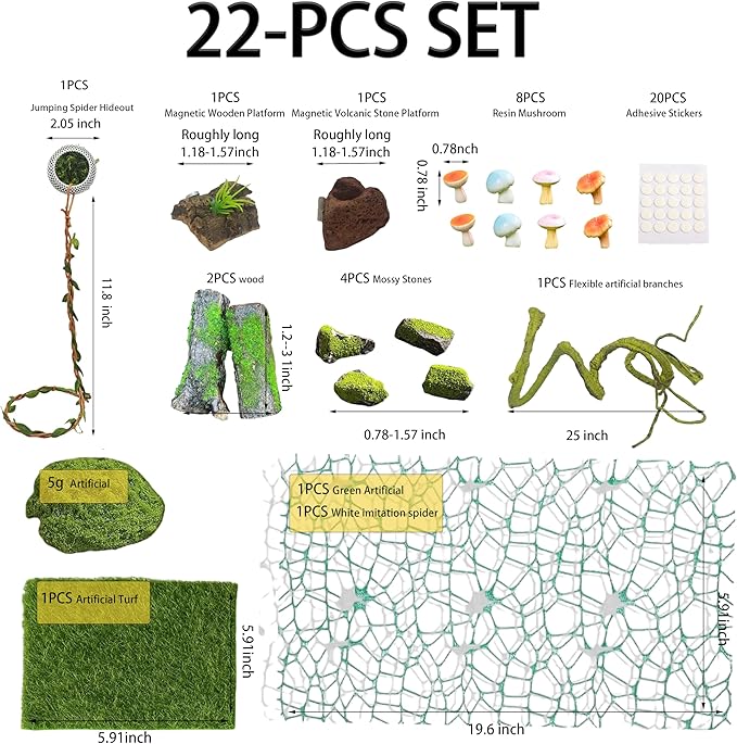22 Pcs Jumping Spider Enclosure Decor Accessories, Terrarium Landscaping Kit with Mossy Wood, Green Vine, Mesh, Mini Mushrooms & Grass Mat for Tarantula Reptile Habitat Decoration