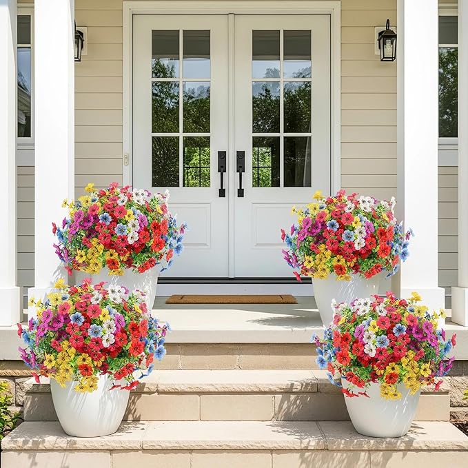 ATTGREAT Artificial Flowers Outdoors Spring Faux Flowers UV Resistant Fake Plastic Greenery Plnats Outside Bulk for Garden Hanging Planter Patio Home Decor, 24 Bundles (Multicolor)
