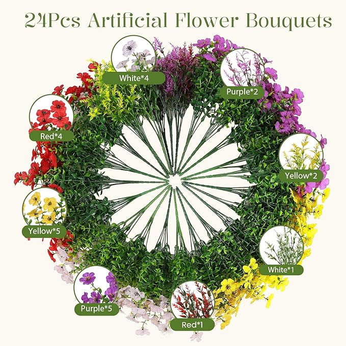 SHareconn 24 Bundles Artificial Flowers for Outdoors Decoration, Faux Plants Fake Silk Colorful Daisy Eucalyptus Lavender, UV Resistant for Outside Home Porch Indoor Spring Decor, RedPurpleYellowWhite