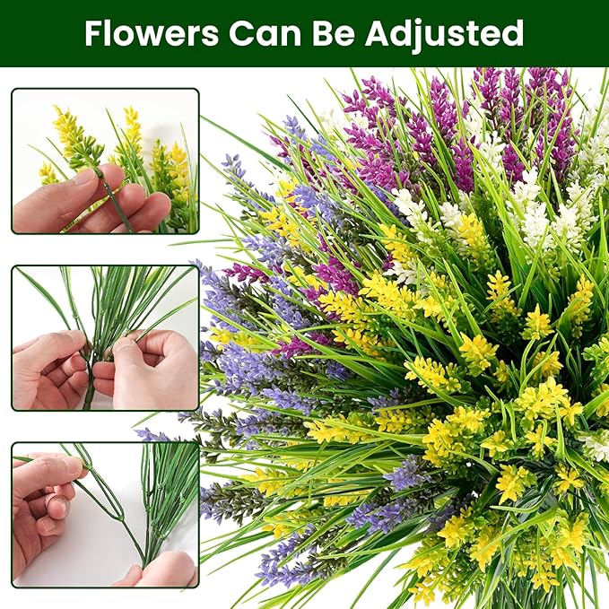 20 Bundles Artificial Plants Outdoor, UV Resistant Fake Flowers, Realistic Faux Lavender Shrubs for Porch Garden Window Box Home Decoration (White Yellow Lightpurple Rosy)