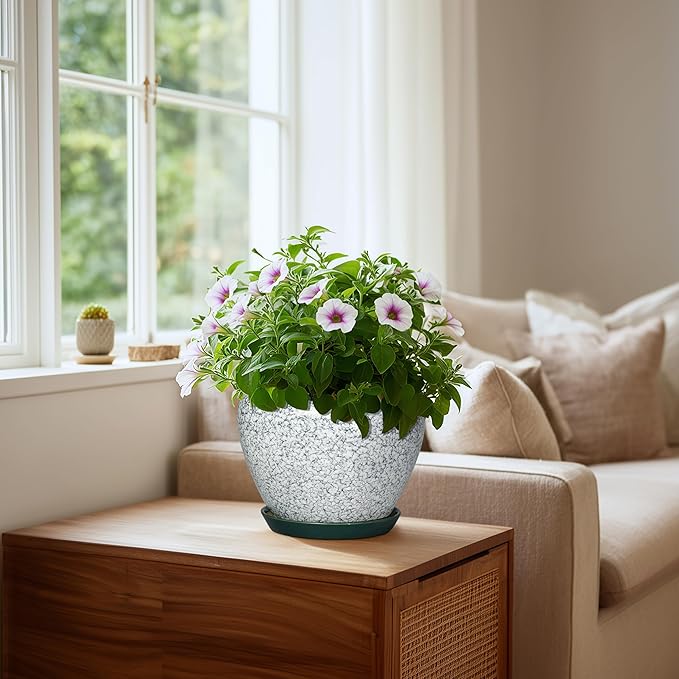Ceramic Flower Pots - 8 Inch Pots for Plants Indoor Outdoor, Round Plant Pot Indoor with Drainage Hole and Saucer, Modern Decorative Planter, Bedroom Decor, Gardening Gifts, Crackle Green