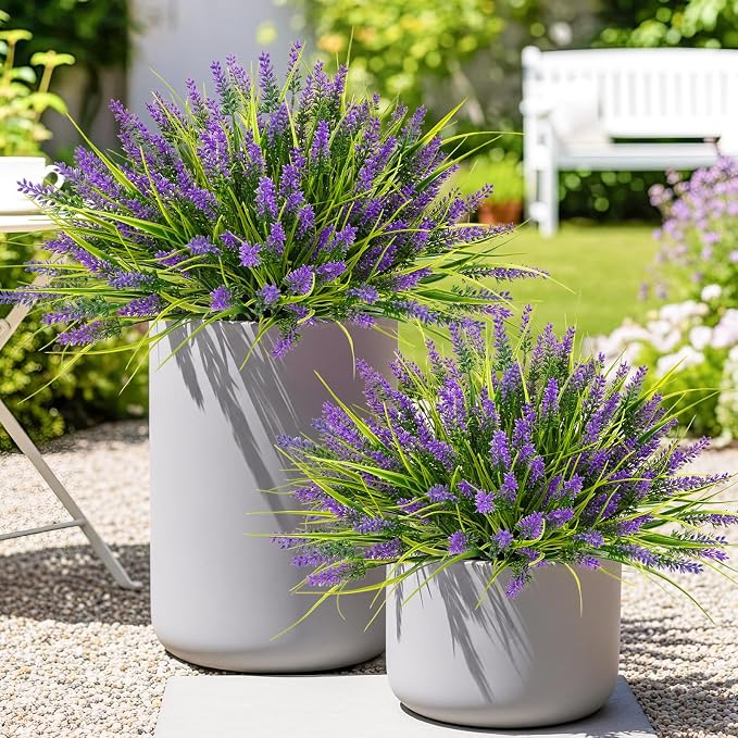 N&T NIETING Artificial Plants Outdoor, 20 Bundles Fake Monkey Grass with Spring Summer Flowers, Faux Plants for Garden Window Office Patio Hanging Planter Pathway Front Porch Home(Purple)