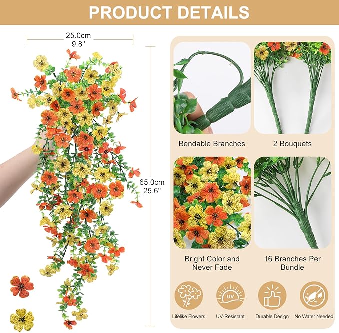 Fake Artificial Hanging Flowers for Outdoors, 2 Pcs Fake Hanging Plant Spring Summer Decor, UV Resistant No Fade Faux Silk Daisy Flower for Front Door Porch Planter Patio Yard Garden(Orange Yellow)