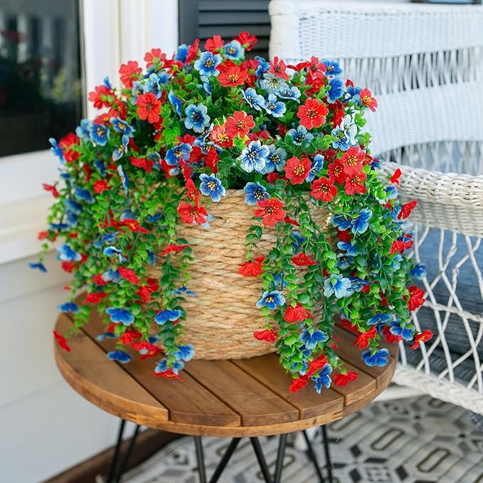 HyeFlora Faux Flowers for Outdoors Decoration, 2Pcs Artificial Fake Hanging Spring Summer Decor, Red and Blue Realistic Plants, UV & Fading Resistant Silk Flower for Porch Patio Balcony Planter Yard
