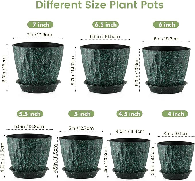 Meowell 7/6.5/6/5.5/5/4.5/4 inch Plant Pots for Indoor Outdoor Plants, 7 Pack Thick Flower Pots with Drainage Holes and Saucers, Wave Texture Plastic Planters Nursery Pots, Black with Green Speckles