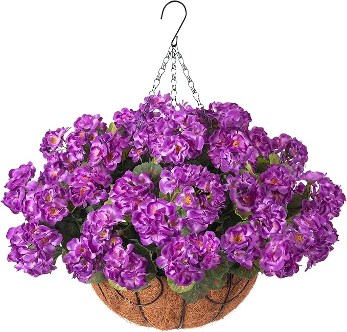 INSPRING Geraniums Artificial Flowers Hanging Basket for Outdoors Outside Spring Decoration, 8 Bundles Silk Flowers Fake Plants Look Real UV Resistant for Porch Home Patio Balcony Yard, Purple