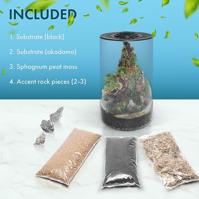 SubstrateSource Bio Cylinder - Glass Plant Terrarium Kit - Glass Terrarium w/LED Grow Light, Adjustable Ventilation Lid, Substrate, Moss & Accent Rocks - Bio Cylinder 150