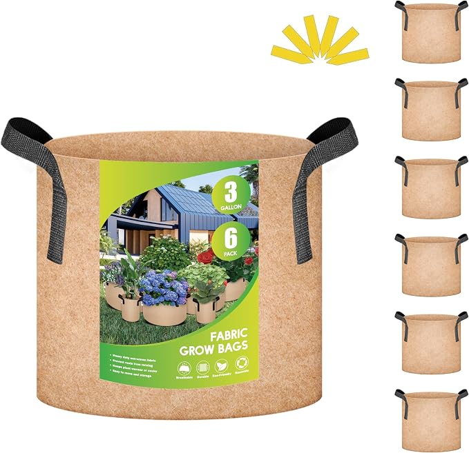 iPower Plant Grow Bag 3 Gallon 6-Pack Heavy Duty Fabric Pots, 300g Thick Nonwoven Fabric Containers Aeration with Nylon Handles, for Planting Vegetables, Fruits, Flowers,Tan 2024 Version