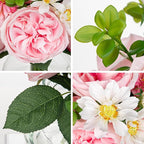 Hollyone Pink Roses Peonies Mums Artificial Flower Arrangement in Glass Vase White Silk Peony David Austin Rose Little Daisy Mixed Faux Flowers with Faux Water with Vase Fake Floral Bouquet Home Decor