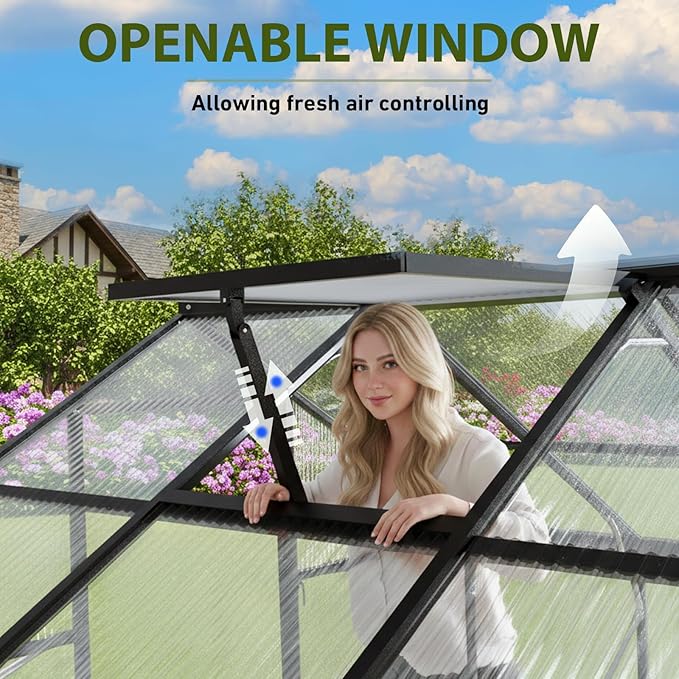 10X12 FT Greenhouse for Outdoors, Polycarbonate Walk in Green House for Outside, Reinforced Aluminum Frame Greenhouses, Heavy Duty Garden, Patio, Backyard Flower Planting