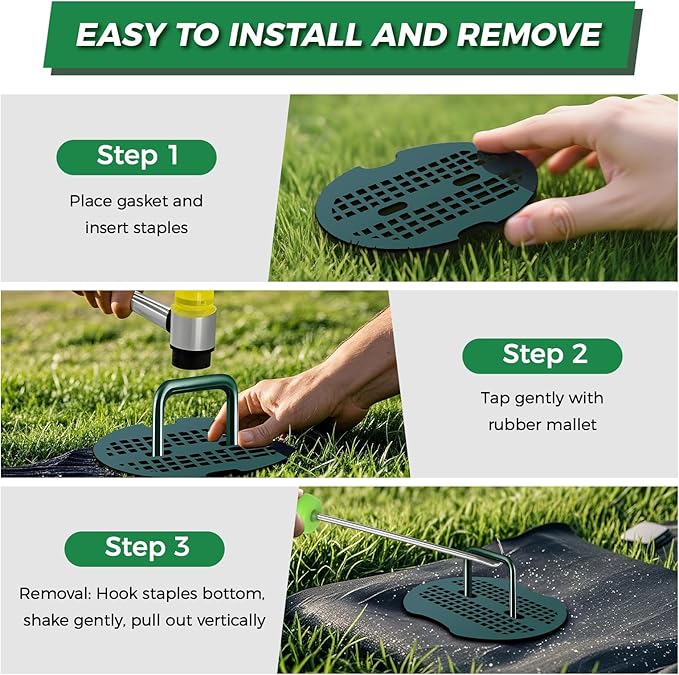 150Pcs Garden Staples +150Pcs Gasket +Pick Hook +Rubber Mallet, 6 Inch Landscape Fabric Stakes Galvanized Weed Barrier Stakes 11 Gauge Landscape Pins U Shape Lawn Staples for Yard, Sod, Turf, Green