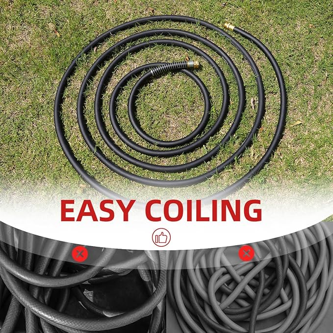 WiseFlow Garden Hose 50FT x 3/4", Heavy Duty Rubber Hose, Water Hose with Five Layered Braiding, Male Female Fittings, 1000PSI Burst, 300PSI Working (Black)