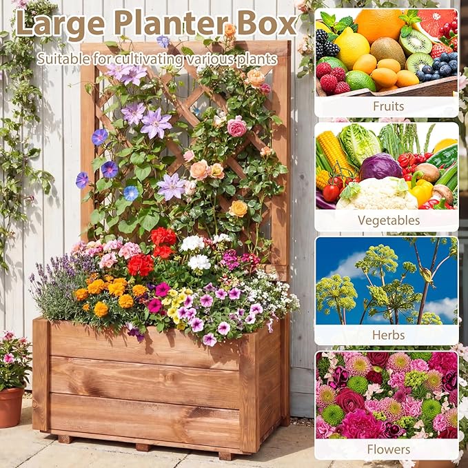 Giantex Raised Garden Bed with Trellis, 23”x14”x40” Wood Elevated Planter Box w/Drainage Hole for Climbing Vine Flower Herb Vegetable Fruit, Planting Container for Indoor Outdoor Patio Balcony