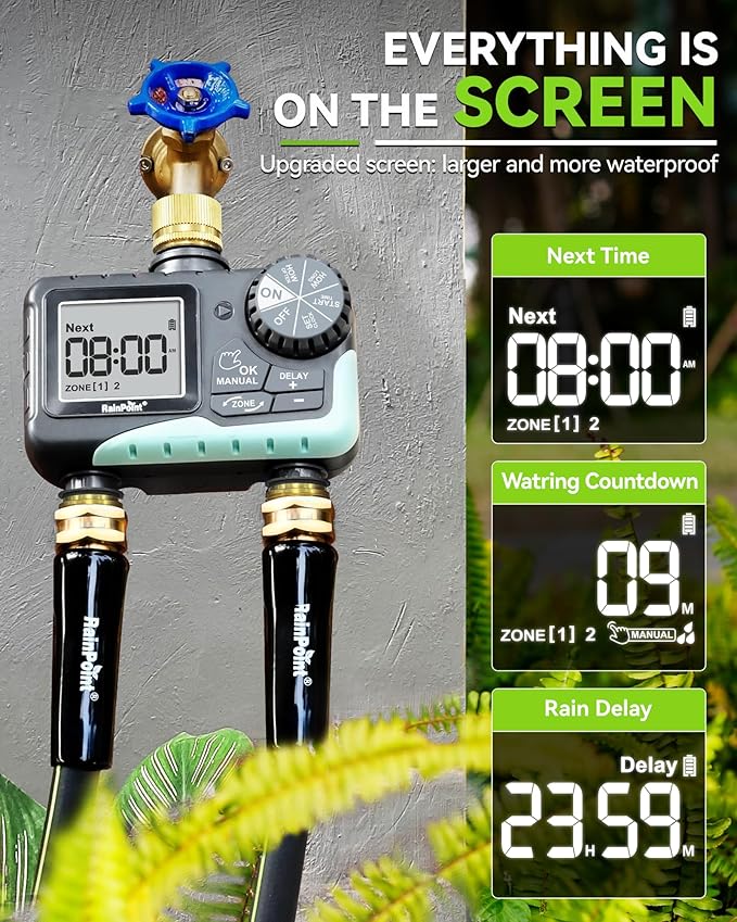 RAINPOINT 2 Zone Sprinkler Timer with Brass Inlet and Outlet - Water Timer for Garden Hose with Rain Delay/Manual Watering/Automatic Irrigation Controller System - Water Hose Timer for Yard Lawn