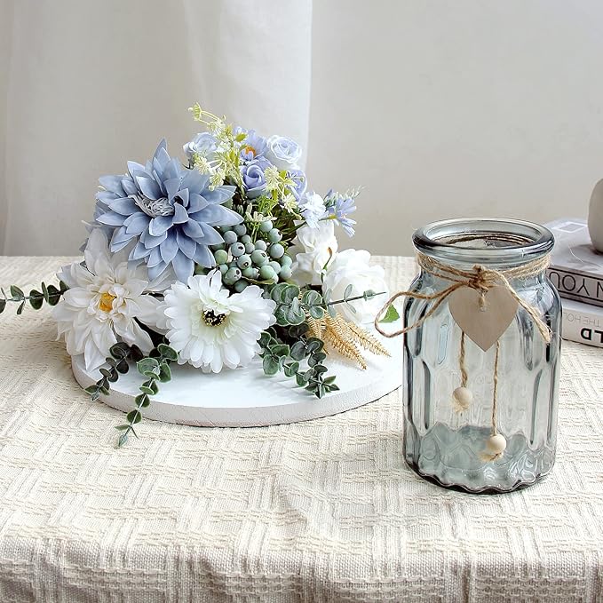 Fake Flowers with Vase, Silk Dusty Blue Rose Hydrangea Artificial Flowers in Vase Faux Dahlia Flowers Arrangement for Home Kitchen Living Room Summer Spring Decor Office Centerpiece Table Decorations
