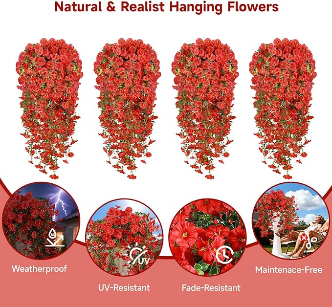 Artificial Hanging Flowers for Outdoors, 4 PCS 600 Blooms UV Resistant Morning Glory Faux Silk Vines, No-Odor Realistic Fake Plants for Garden Planter Porch Patio Decoration, Red